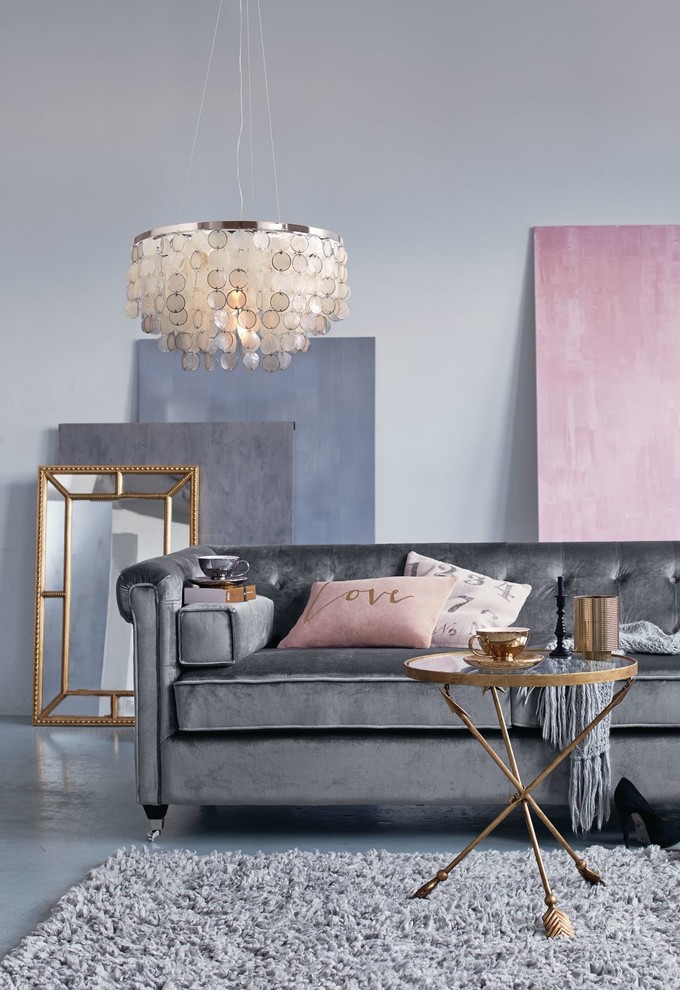 Cette image montre un salon design avec un mur gris et un sol en linoléum.