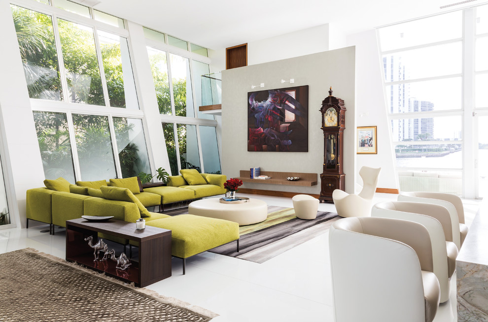 Trendy open concept white floor living room photo in Miami with white walls