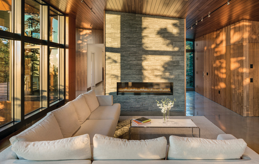 Свежая идея для дизайна: открытая гостиная комната среднего размера в современном стиле с коричневыми стенами, горизонтальным камином, фасадом камина из камня и бетонным полом - отличное фото интерьера