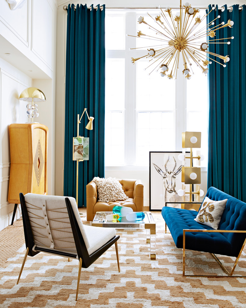 Inspiration for a contemporary carpeted living room remodel in New York with white walls, no fireplace and no tv