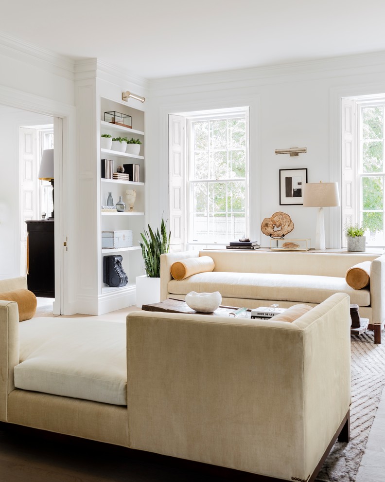 Living room - transitional open concept light wood floor and gray floor living room idea with white walls, a standard fireplace, a stone fireplace and no tv