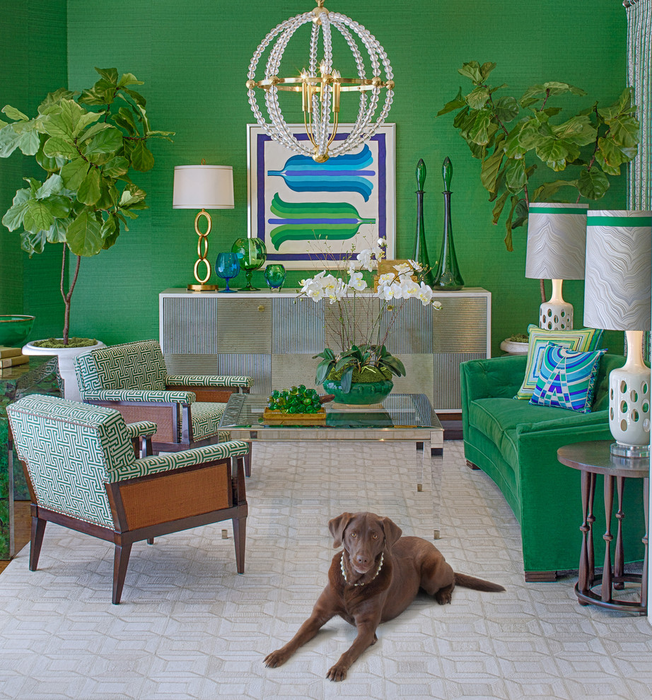 Idée de décoration pour un salon design avec un mur vert.