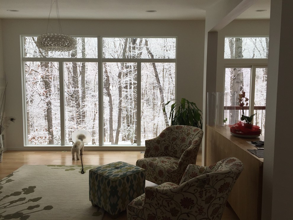 Ispirazione per un soggiorno minimal di medie dimensioni con parquet chiaro