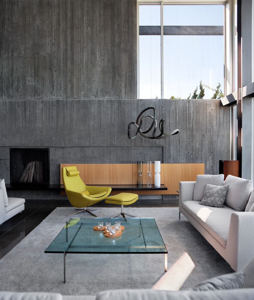 This is an example of a modern living room in Seattle with a concrete fireplace surround.