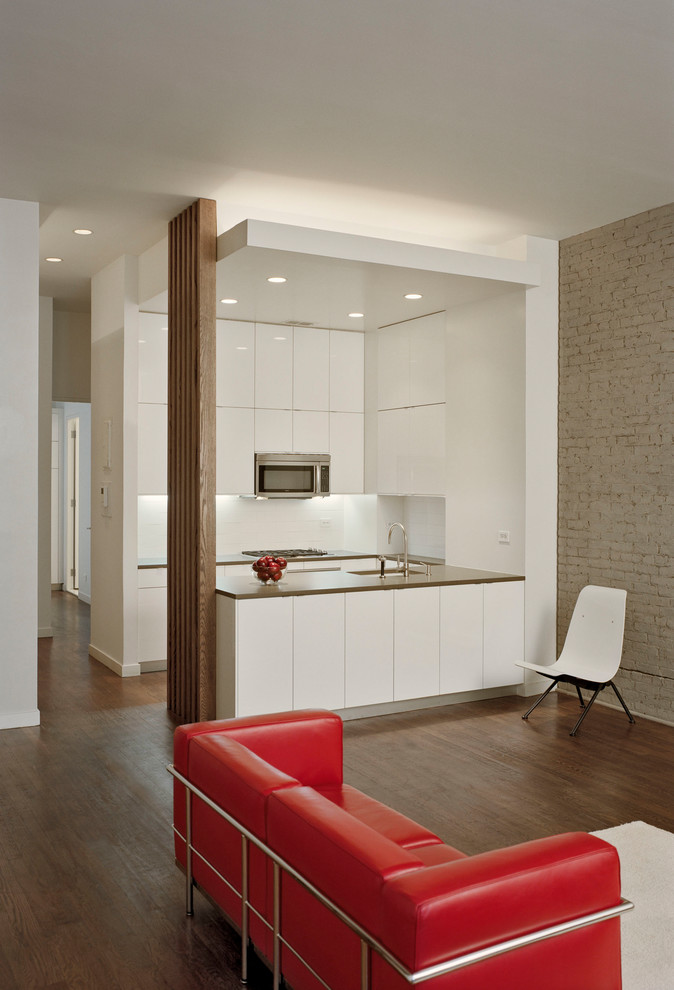 Ispirazione per un soggiorno moderno di medie dimensioni e aperto con pareti bianche, parquet scuro e pavimento marrone