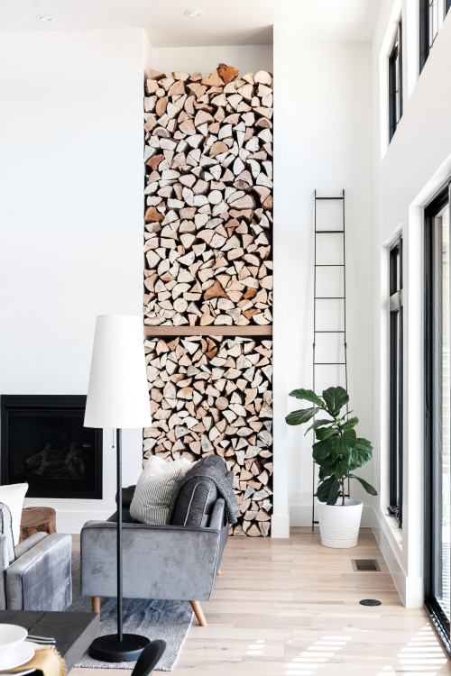 scandinavian living room idea in Denver with a standard fireplace