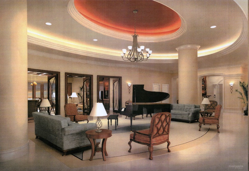 Ispirazione per un grande soggiorno classico con sala formale, pareti beige, pavimento in travertino, nessun camino e nessuna TV