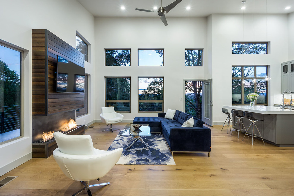 Großes, Offenes Modernes Wohnzimmer mit weißer Wandfarbe, braunem Holzboden, Gaskamin und TV-Wand in Sonstige