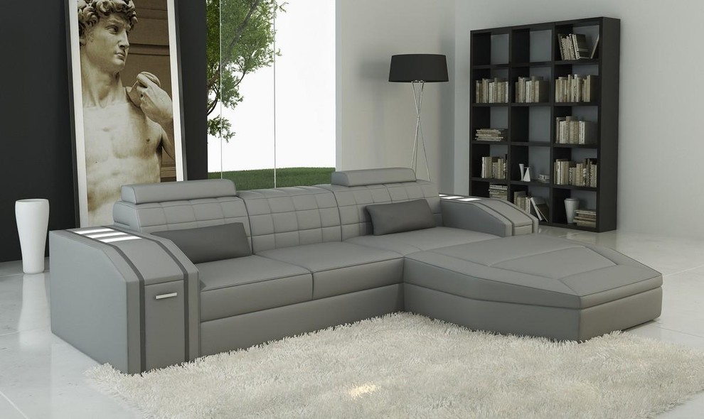 Gray Bonded Leather Sectional Sofa with Adjustable Headrests Modern Living Room Los