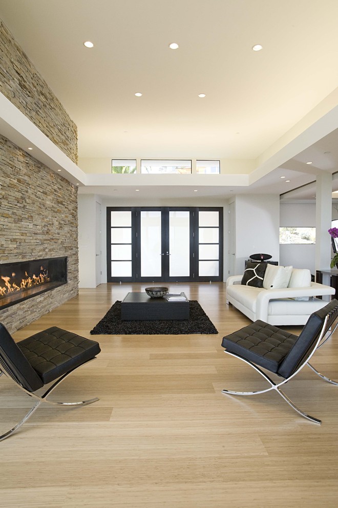 Ejemplo de salón minimalista con chimenea lineal, marco de chimenea de piedra y suelo de bambú