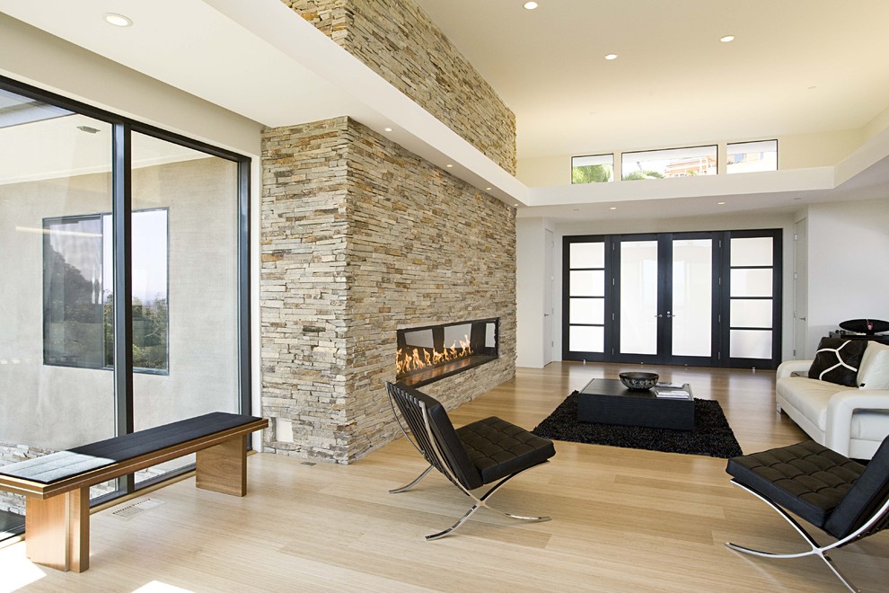 Photo of a contemporary living room in San Francisco with bamboo flooring.