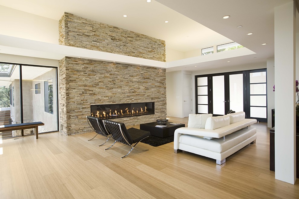 Пример оригинального дизайна: гостиная комната в стиле модернизм с горизонтальным камином, фасадом камина из камня и полом из бамбука