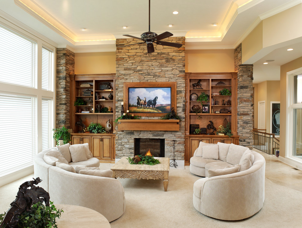 Photo of a medium sized classic formal open plan living room in Other with beige walls, carpet, a standard fireplace, a stone fireplace surround, no tv and beige floors.