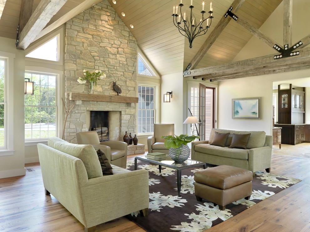 Inspiration for a timeless open concept living room remodel in St Louis with a standard fireplace, a stone fireplace, no tv and beige walls