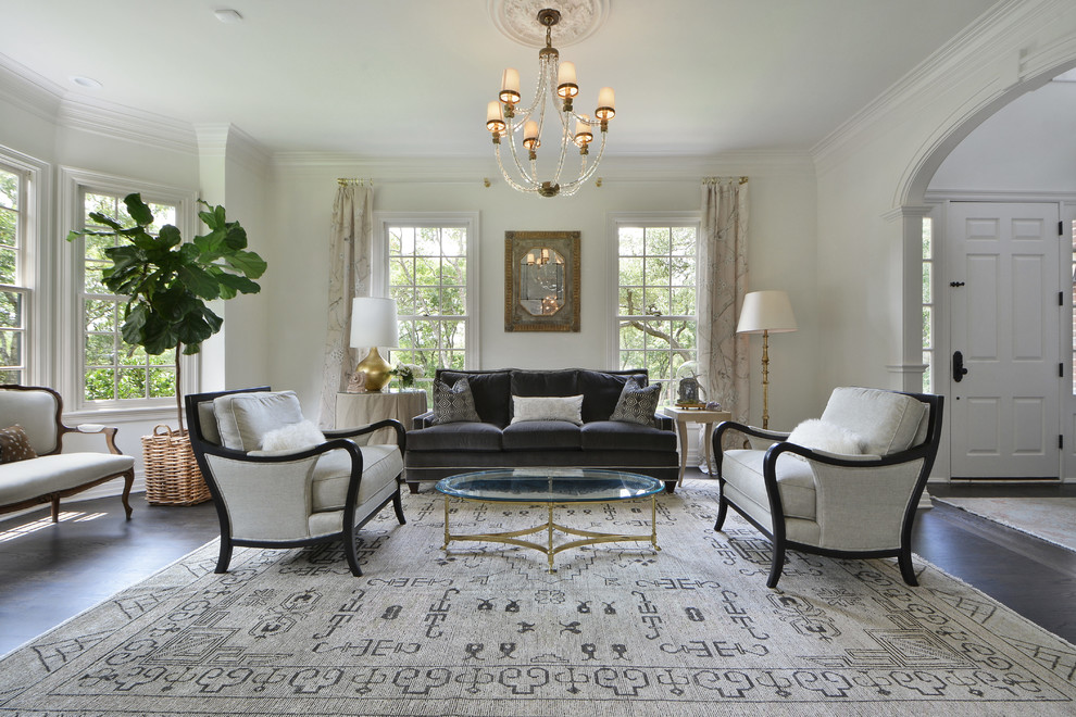 Photo of a medium sized traditional formal open plan living room in Austin with beige walls, dark hardwood flooring, no fireplace and no tv.