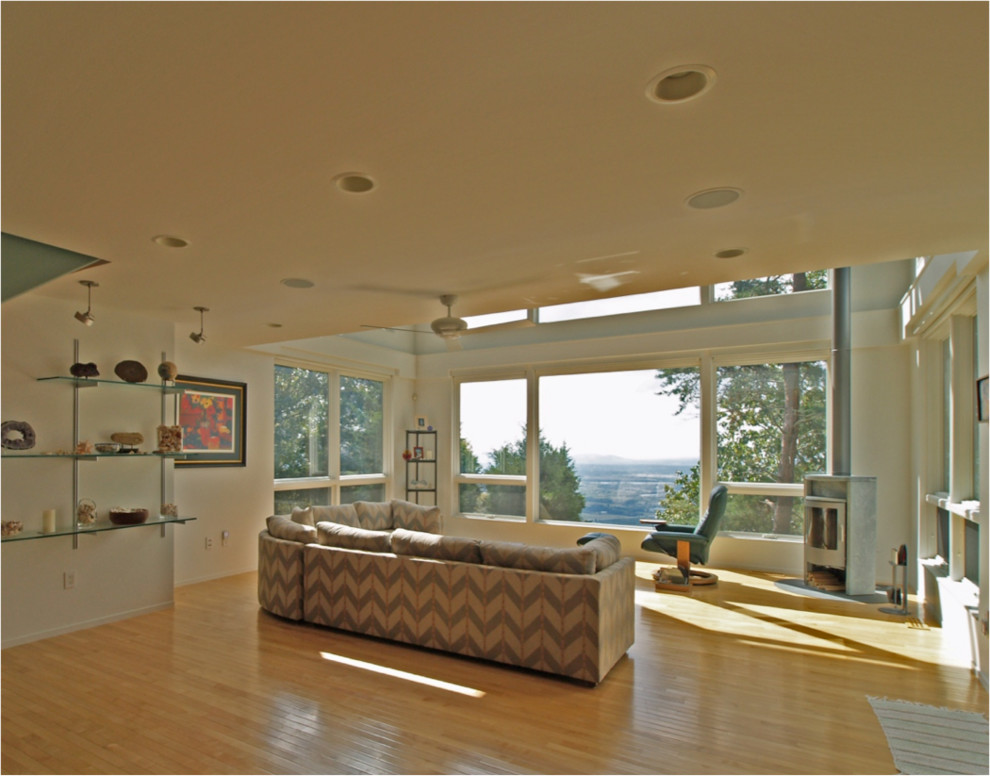 На фото: двухуровневая гостиная комната в современном стиле с светлым паркетным полом и печью-буржуйкой
