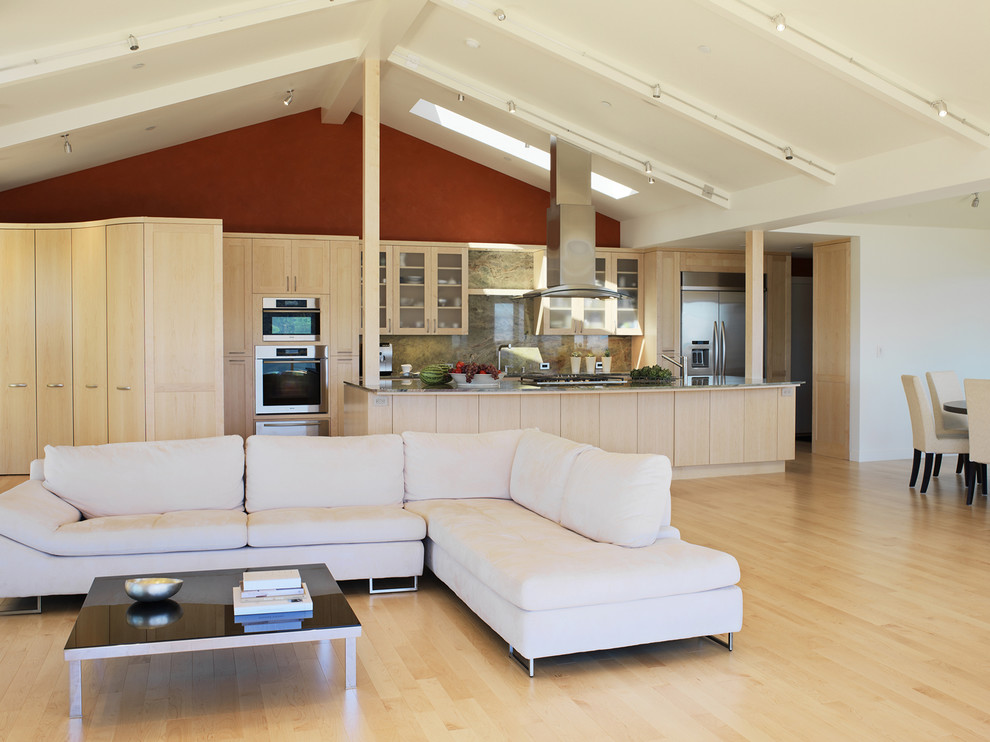 Living room - contemporary open concept living room idea in San Francisco with red walls