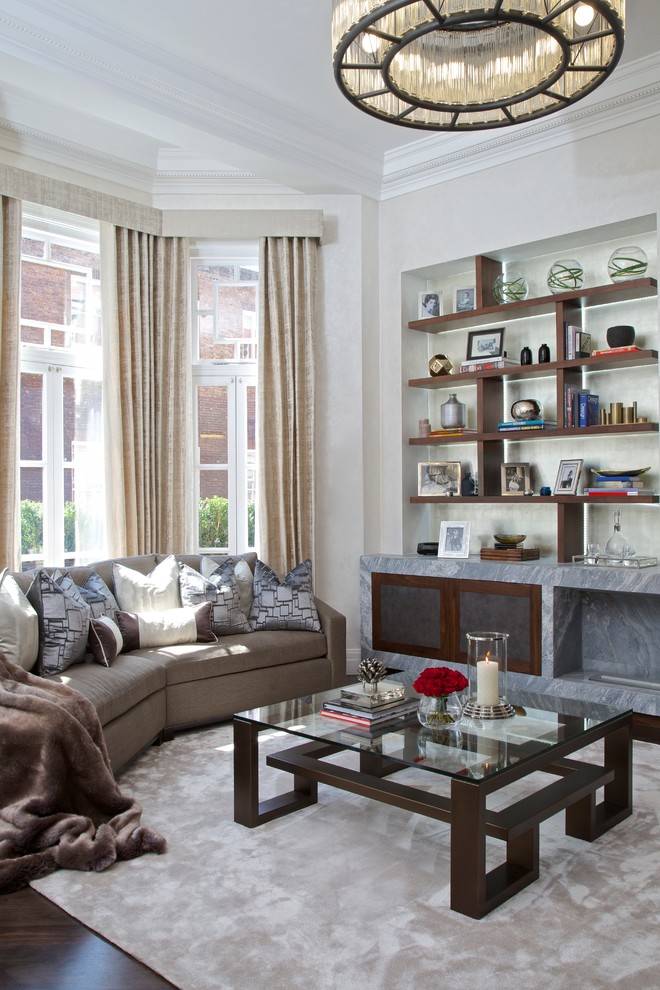 Living room - transitional formal dark wood floor living room idea in London