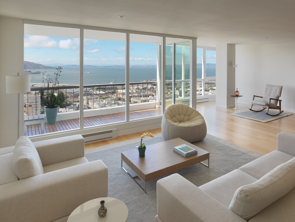 Offenes, Mittelgroßes, Fernseherloses Modernes Wohnzimmer ohne Kamin mit weißer Wandfarbe, hellem Holzboden und braunem Boden in San Francisco