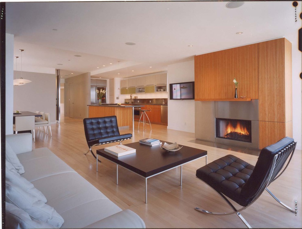 Living room - mid-sized contemporary open concept light wood floor living room idea in San Francisco with white walls, a standard fireplace, a metal fireplace and a wall-mounted tv