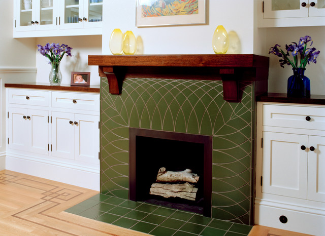 Green Tile Fireplace With Wood Mantel, Tile For Fireplace