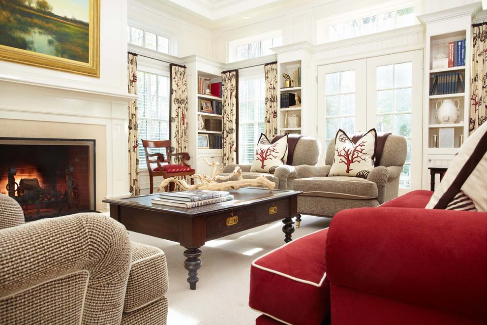 Living room - large traditional open concept medium tone wood floor living room idea in New York with white walls, a standard fireplace, a stone fireplace and no tv