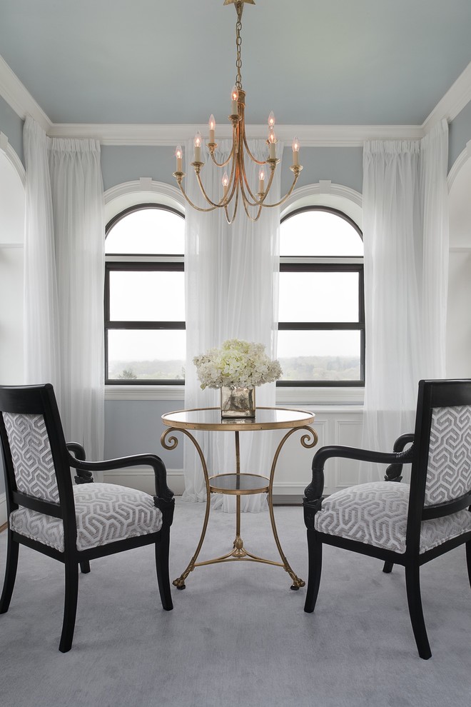 Living room - mid-sized transitional formal and enclosed carpeted and gray floor living room idea in New York with blue walls, no fireplace and no tv