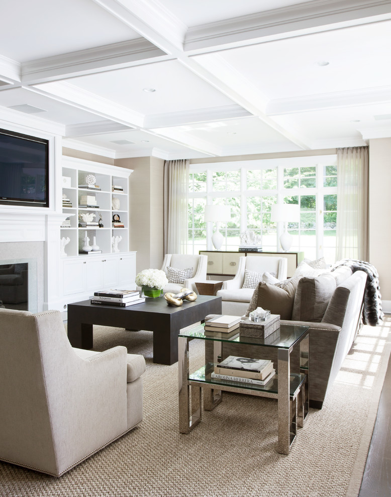 Example of a large transitional open concept dark wood floor living room design in New York with beige walls, a standard fireplace, a tile fireplace and a wall-mounted tv