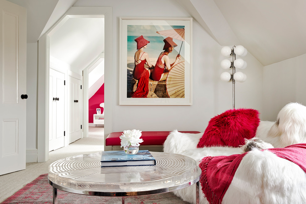 Photo of a medium sized contemporary enclosed living room in New York with white walls, carpet, no fireplace, no tv and beige floors.