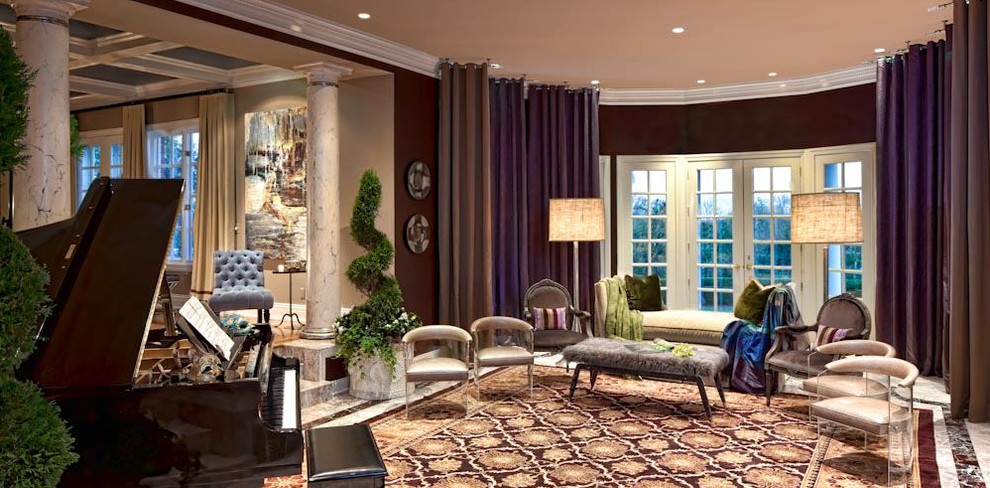 На фото: парадная, открытая гостиная комната среднего размера в викторианском стиле с коричневыми стенами, мраморным полом и бежевым полом без камина, телевизора с