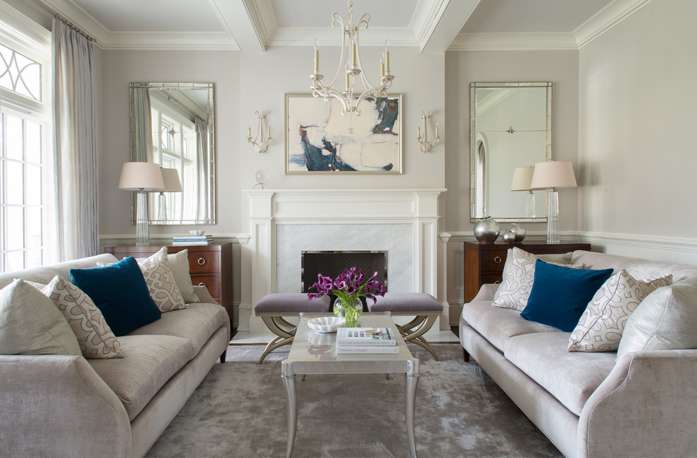 Inspiration for a timeless formal living room remodel in New York with beige walls and a standard fireplace