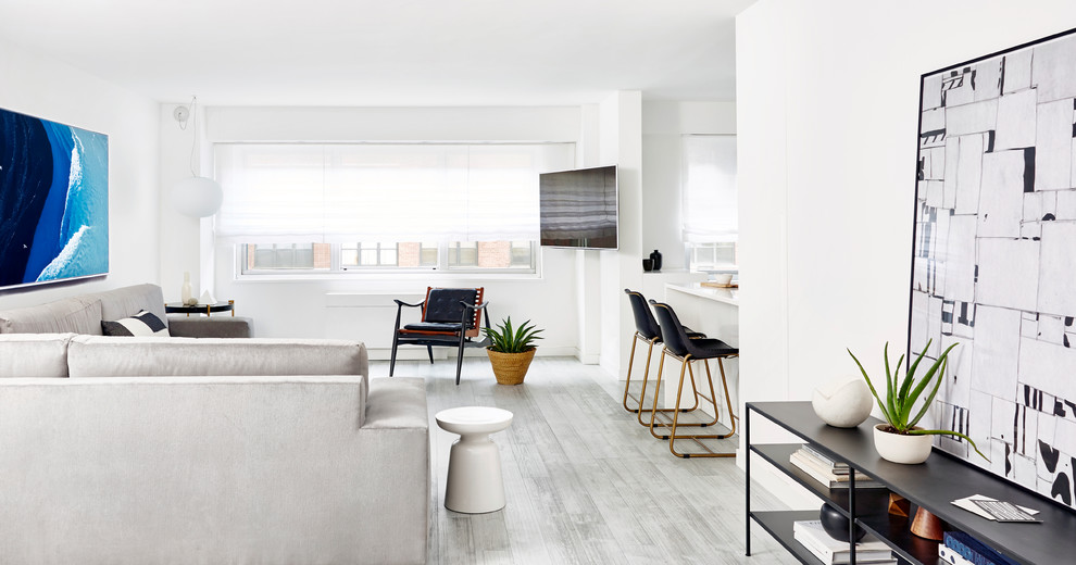Mittelgroßes, Repräsentatives Modernes Wohnzimmer im Loft-Stil, ohne Kamin mit weißer Wandfarbe, hellem Holzboden, TV-Wand und grauem Boden in New York