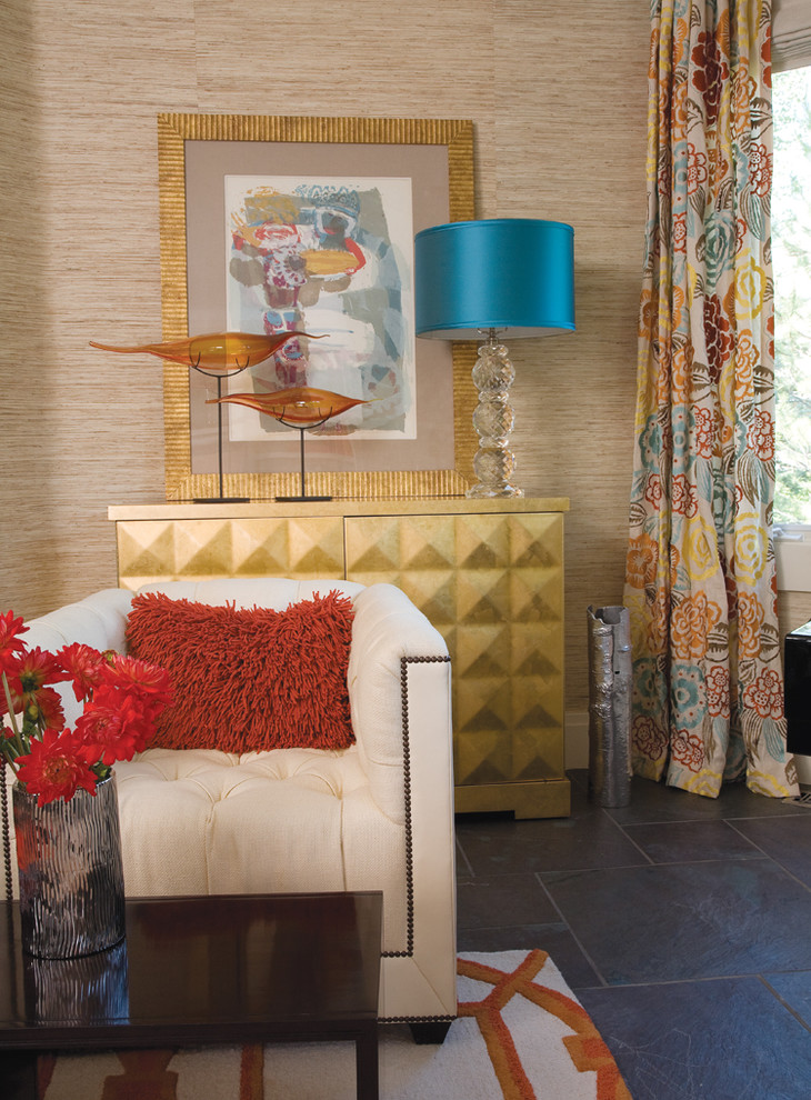 This is an example of a classic living room curtain in Denver with beige walls and slate flooring.