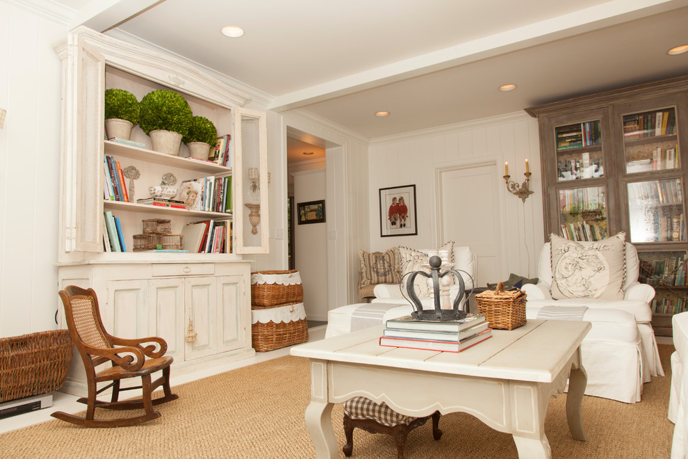 Living room - shabby-chic style enclosed living room idea in Portland with white walls