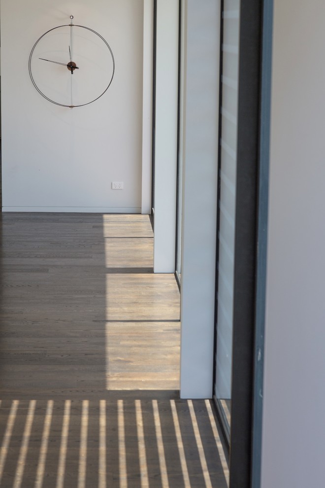 Идея дизайна: большая открытая гостиная комната в современном стиле с серыми стенами и светлым паркетным полом