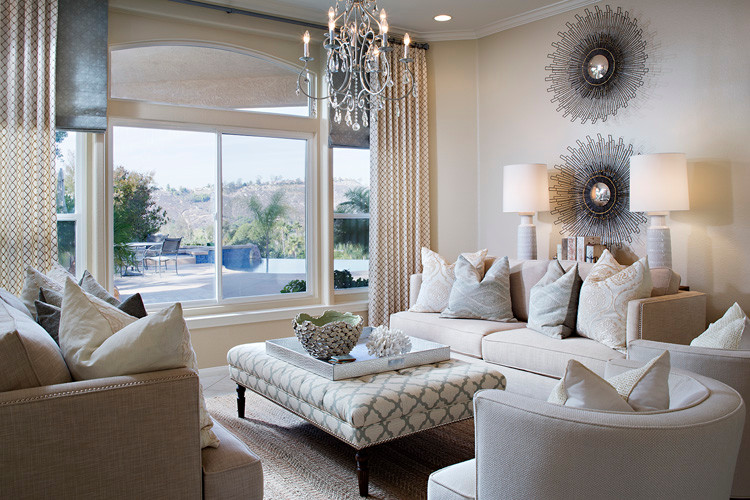 Living room - mid-sized contemporary formal and open concept carpeted living room idea in San Diego with beige walls