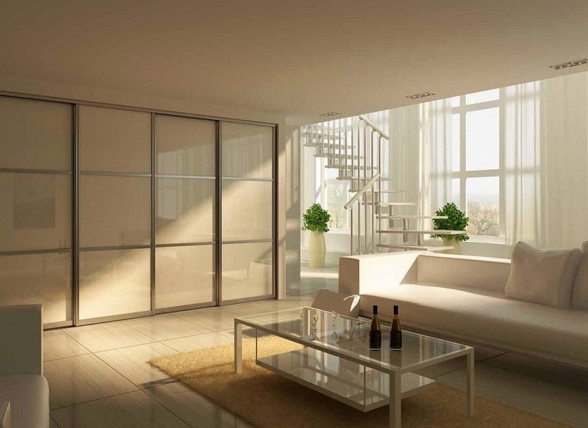 Стильный дизайн: большая открытая гостиная комната в современном стиле с бежевыми стенами и бежевым полом - последний тренд