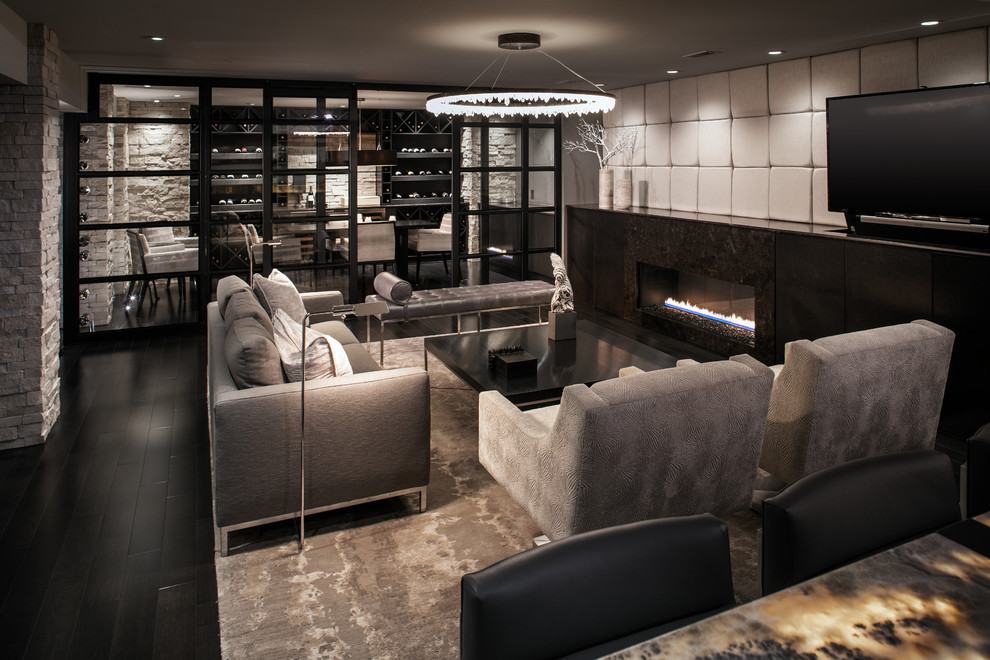 Inspiration for a medium sized modern enclosed living room in San Diego with a home bar, white walls, painted wood flooring, a standard fireplace, a metal fireplace surround and a wall mounted tv.