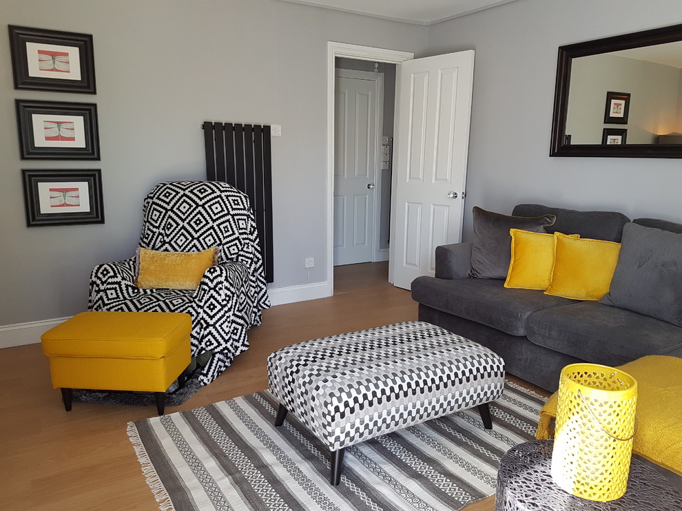 Idee per un piccolo soggiorno design con pareti grigie e pavimento in laminato