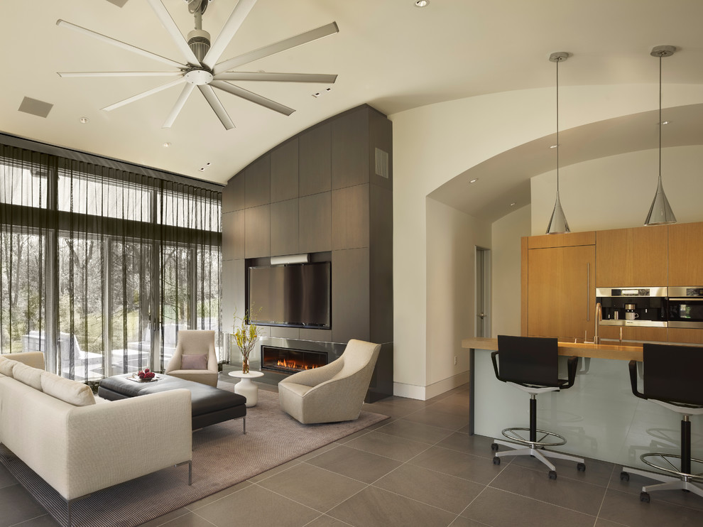 Inspiration for a contemporary open concept living room remodel in Philadelphia with a ribbon fireplace and a wall-mounted tv
