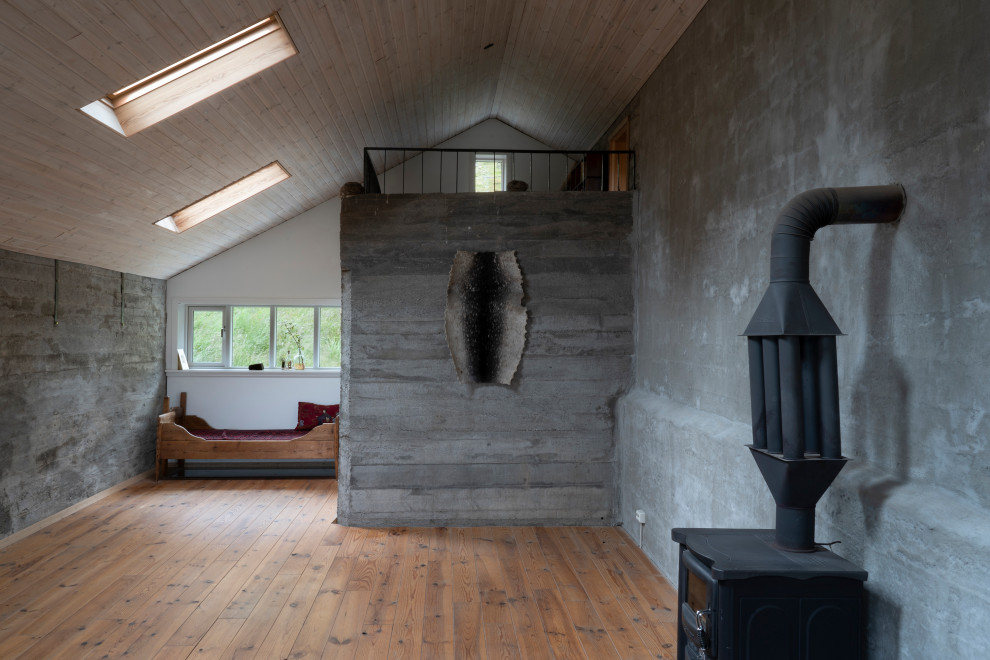 Foto di un grande soggiorno nordico aperto con pareti grigie, pavimento in legno massello medio, stufa a legna, cornice del camino in cemento e pavimento marrone