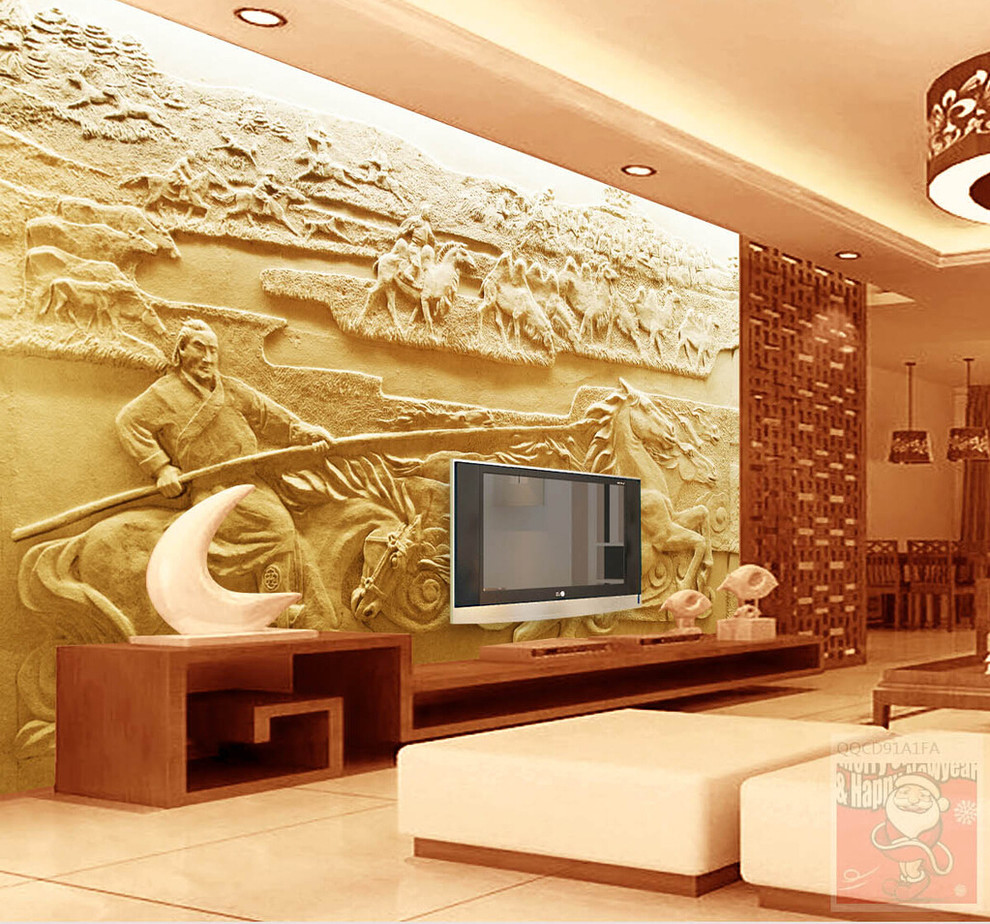 Diseño de salón para visitas abierto asiático grande sin chimenea con paredes beige, suelo de mármol, marco de chimenea de piedra y pared multimedia