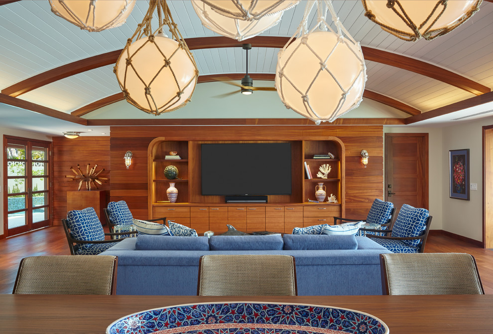 Mid-sized open concept brown floor living room photo in Hawaii