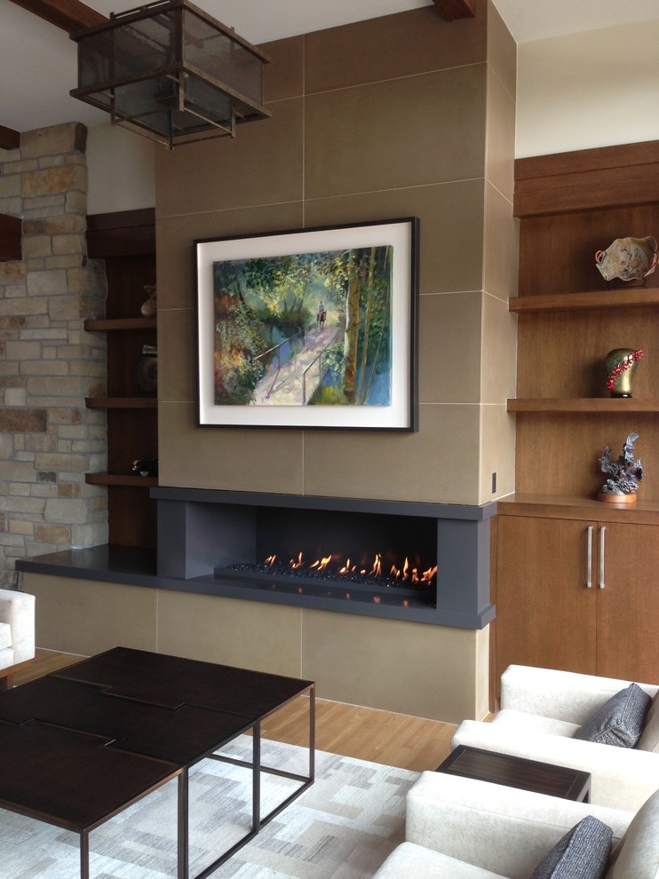 Contemporary living room in Denver with brown walls and a ribbon fireplace.