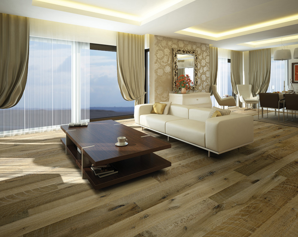 Exemple d'un grand salon tendance ouvert avec un sol en bois brun, un mur blanc, aucune cheminée, aucun téléviseur et un sol marron.