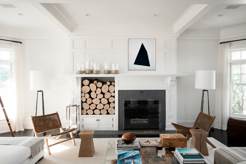 Huge transitional open concept dark wood floor and brown floor living room photo in New York with white walls and a standard fireplace