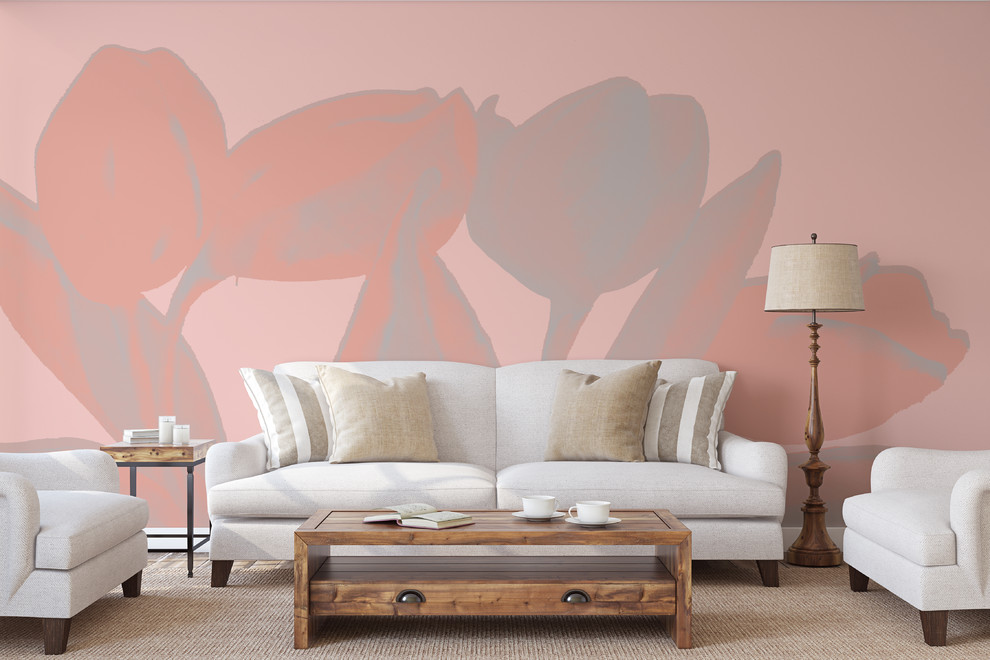 Exempel på ett modernt vardagsrum, med rosa väggar