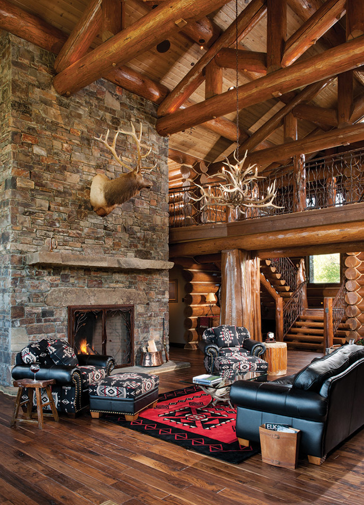 Room Rustic Living, Log Home Stone Fireplace Pictures