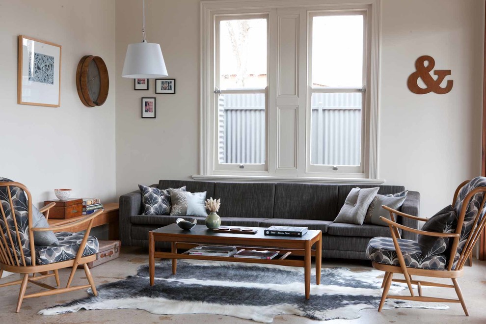 Living room - mid-sized 1950s formal and open concept living room idea in Adelaide with beige walls