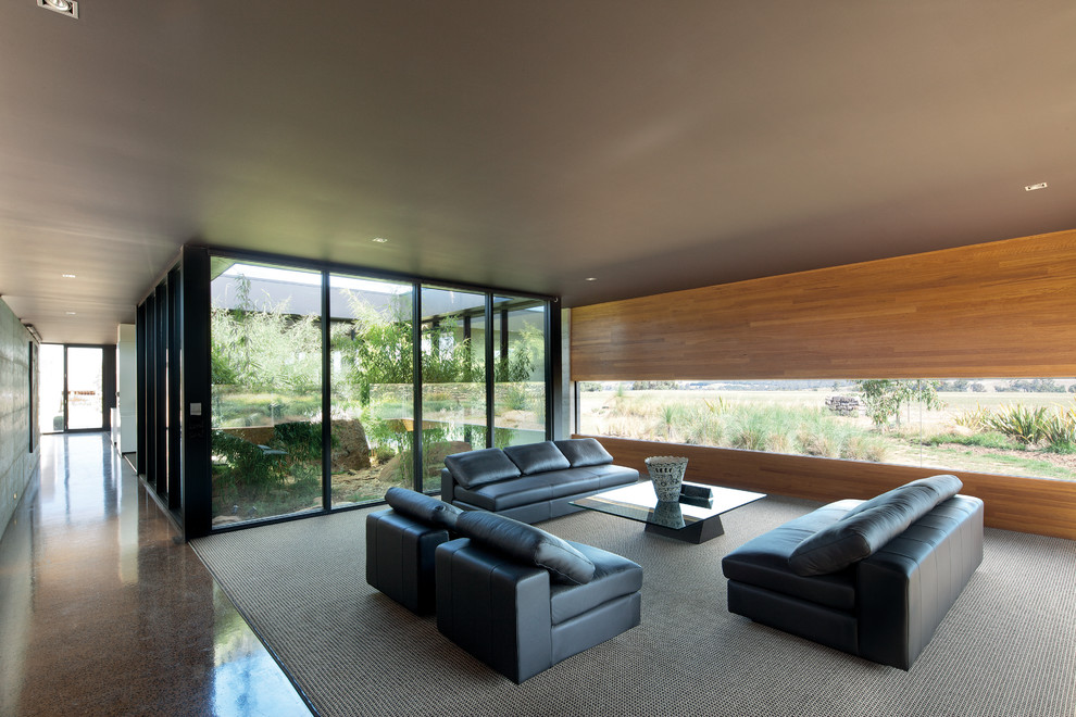 Идея дизайна: большая открытая гостиная комната в стиле модернизм с ковровым покрытием без камина, телевизора